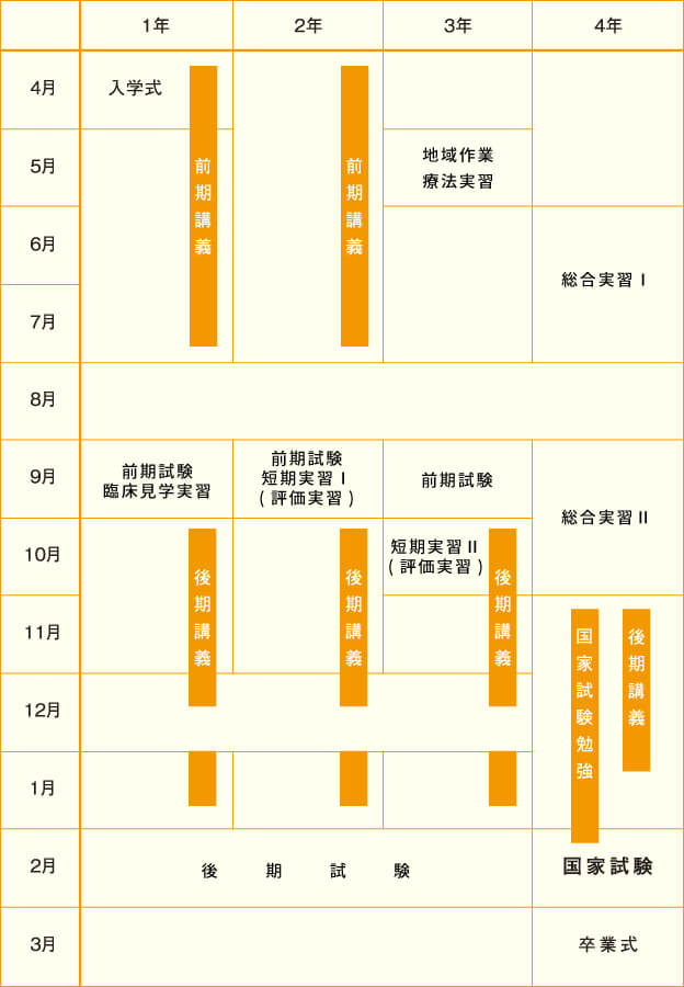 「1年」4月上旬～7月下旬：前期講義／9月：前期試験、早期体験実習／10月上旬～1月下旬：後期講義／2月：後期試験「2年間」4月上旬～7月下旬：前期講義／9月：前期試験、短期実習1（評価実習）／10月上旬～1月下旬：後期講義／2月：後期試験「3年」5月：地域作業、療法実習／9月：前期試験／10月上旬～1月下旬：後期講義（10月：短期実習2（評価実習）／2月：後期試験「4年」6月～7月：総合実習1／9月～10月：総合実習2／11月上旬～2月上旬：国家試験勉強（11月上旬～1月上旬：後期講義）／2月：国家試験／3月：卒業